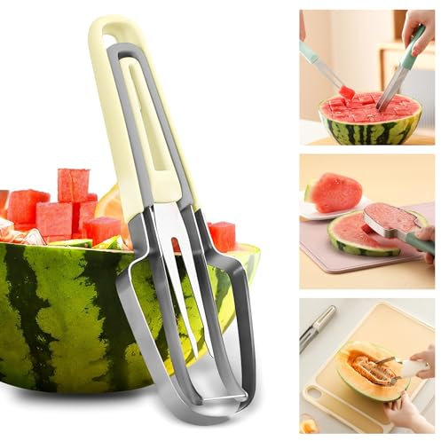 Melonenschneider 3 in 1,neuestes Modell Edelstahl Wassermelonen schneider, Obstschneider, Wassermelone, Cantaloupe, Papaya, Drachenfrucht Fruchtmesser.(Beige)