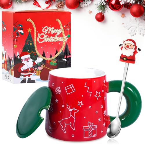 SaiXuan Tazze Natalizie, Tazza Divertente, Tazza Colazione Rosso, Mug Caffe con Cucchiaio Carino, Coperchio Della Tazza Verde, Manico, Motivo Natale, Idea Regalo Uomo e Donna, Ceramica