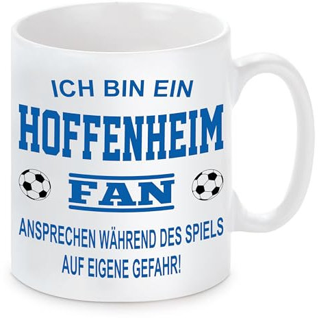 Fussball Tasse | Ich bin ein Hoffenheim Fan - Ansprechen während des Spiels auf eigene Gefahr | Keramiktasse für Fußballfans | Spülmaschinenfest | mit Wunschtext auf der Rückseite