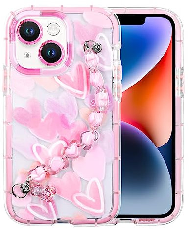 YEPO For iPhone 14 Plus Case Cute Wrist Strap, Pink Heart Design Soft TPU Shockproof Protective Clear Phone Cases for iPhone 14 Plus Girls Women Mobile Cover