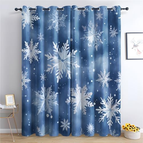 zcwl Schneeflocke Vorhänge, Blaue Weihnachten Verdunklungsvorhänge mit Ösen, Vorhang Blickdicht für Wohnzimmer Schlafzimmer Dekoration, Gardinen mit Muster, 2er Set, 175 x 140 cm (HöhexBreite)