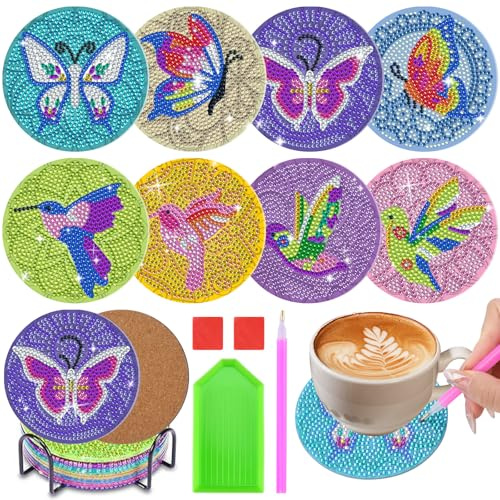 Homgaty 8 PCS Diamond Painting Coasters Kit with Holder, DIY Crystal Art Coasters for Beginners and Adults, Butterfly Bird Patterns