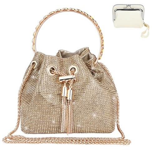 CRITIVE-S Women Rhinestone Evening Handbags, Tassel Shoulder Bags with Card Holder Wallet, Fashion Women's Clutches Gold Bucket Bag, Clutch Bag Shiny Crystal Purse with Detachable Chain
