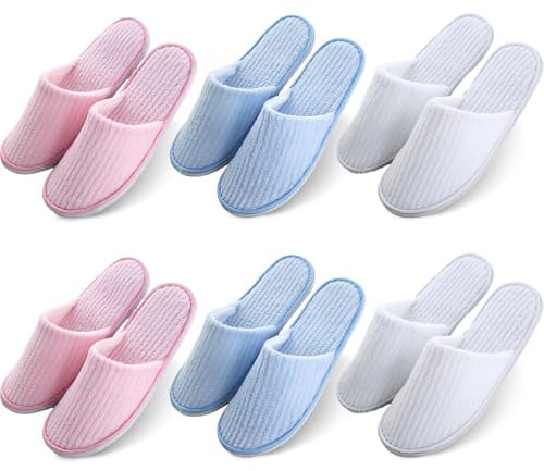 PRITOK Pantoufles d'hôtel pour invités, lot de 6 pantoufles en tissu bouclé avec pointe fermée antidérapante en feutre coral, taille universelle, 28 x 11 cm, pour hôtel, voyages, maison, usage pour