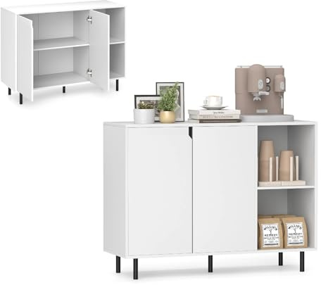 KOMFOTTEU Buffetschrank Sideboard weiß, moderner Küchenschrank mit Türen, 5-Fach verstellbarem Regal & Kippschutz, Küchekommode Aufbewahrungsschrank für Wohnzimmer Flur (Weiß)