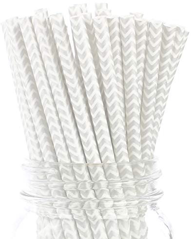 CleverDelights Silver Chevron Paper Straws - 400 Pack - Eco-Friendly Biodegradable Drinking Straws - Bulk Carton