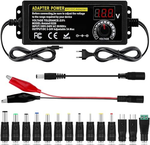 Jubaopen 3A 72W Adaptador de Corriente Universal, Fuente de Alimentación Universal, 3V-24V Adaptador de Corriente Universal AC/DC, con 14 Conectores, Cargador Universal Ajustable