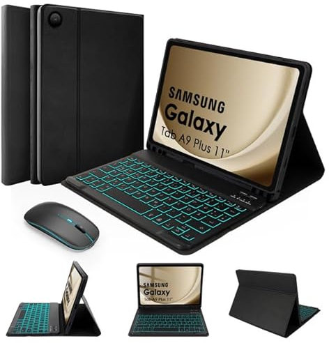 LAMA Tastaturhülle mit Maus für Samsung Galaxy Tab A9 Plus/A9+ 11'' 2023 Modell (SM-X210/X216/X218), Bluetooth Tastatur Hülle mit Hintergrundbeleuchtung - Deutsches QWERTZ Layout, Schwarz Beleuchtet