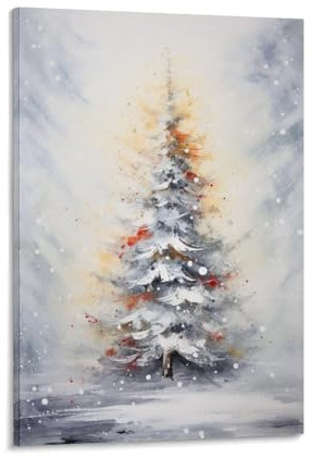 GMUKIFFY Stampa su tela con albero di Natale innevato, decorazione artistica da parete con piante astratte, stile retrò, tesa e incorniciata, pronta da appendere, 50 x 75 cm