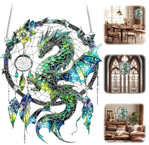 Dragon Dreamcatcher Suncatcher - Stained Glass Effect Window Hanging - Mystical Dragon Acrylic Ornament - Colourful Fantasy Sun Catchers for Windows Indoor Outdoor Garden Home Decor - Unique Gothic Gi