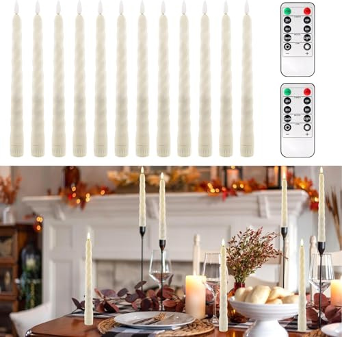 PORFOYO 12 Stück Led Stabkerzen Mit Fernbedienung, Led Stabkerzen Set, Flammenlose Tafelkerzen, Kerzen Flammenlose Kerzen Tafelkerzen Für Weihnachtsdeko Hochzeit Und Party Elfenbeinweiß