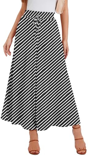 WUWUSKY Jupe Culotte Femme Pantalon Large Taille Haute Pantalon d'Été Léger Infroissable de Plage avec 2 Poches pour Quotidien et Soirée, 02 Noir/Ligne Diagonale, M