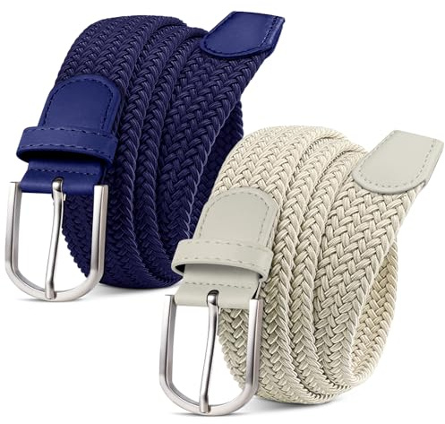 MATLAB Lot de 2 Ceintures Tressées Élastiques Unisexe – Ceintures Extensibles en Tissu Stretch pour Homme et Femme, Largeur 3,3 cm, Bleu + Beige, 110 cm