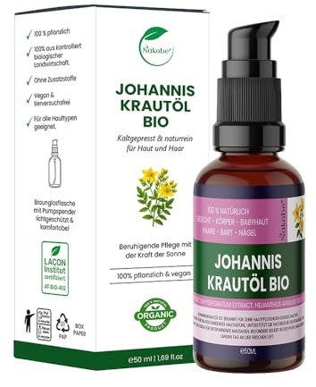 Nakobe® Bio johannesörtolja 50 ml — 100 % naturlig röd olja — lugnande för hud, muskler och vård — vegansk & utan tillsatser