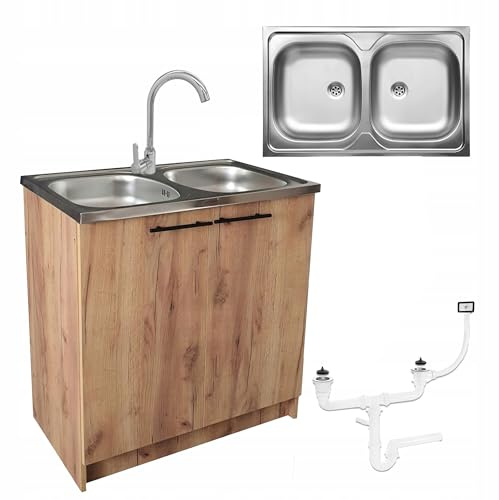 Stamar Küchenschrank 80 cm Eiche Gold 2-Becken Spüle Armatur hoch Chrom XXL Standschrank 46cm Tiefe Siphon Geschirrspüler Komplett Montagefertig