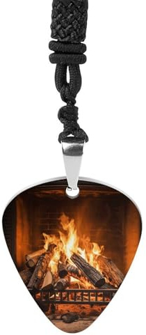 VstaDank Burning Firewood Large Fireplace Guitar Pick Necklace Titanium Steel Guitar Pendant with Rope Personalized Cool Guitar Pick Holder Fashion Exquisite Hip Hop Punk Jewelry for Music Lovers