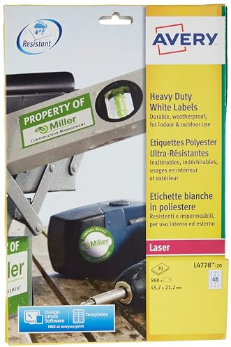 Avery L4778-20 960x Ultra-Resistente Etiketten 45,7 x 21,2 mm weiß für Laserdrucker