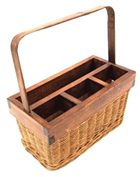 Besteckkorb, Serviettenkorb aus Peddigrohr und Holz, Kolonialstil im Used look