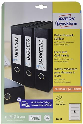 AVERY Zweckform 32231 Ordner-Einsteckschilder (50 x 146 mm auf DIN A4, für breite/ kurze Ordner, 125 Stück auf 25 Blatt) weiß