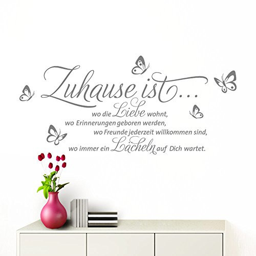 Grandora Wandtattoo Zuhause ist I Mittelgrau (BxH) 100 x 53 cm I Schmetterlinge Wohnzimmer Spruch Aufkleber selbstklebend Wandaufkleber Wandsticker W1133