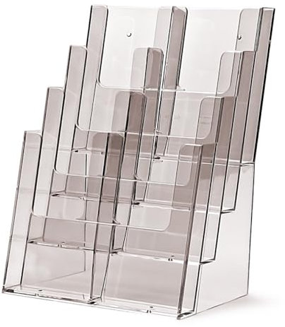 TAYMAR 4C230 Tisch-Prospektständer, Prospektaufsteller im DIN A4 Format (4 Fächer) auf 4 Etagen inkl. Fach-Teilern für eine optionale Umrüstung auf DIN Lang (DL) - trifold mit 8 Fächern – Transparent