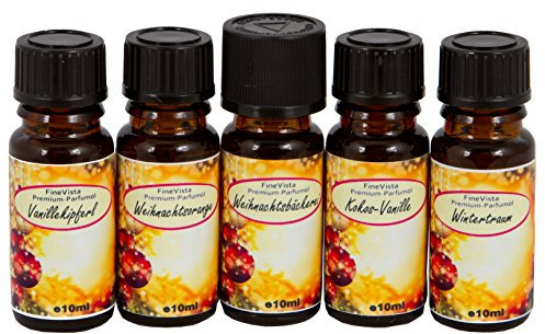 FineVista Duftöl Weihnachten 5er SET (je 10ml) mit verschiedenen Duftsorten Kokos-Vanille Wintertraum Vanillekipferl Weihnachtsbäckerei Weihnachtsorange Raumduft Duftoel