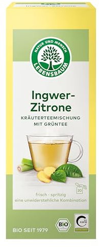 Lebensbaum Grüntee Ingwer & Zitrone, 20 Beutel x 2 g Ingwer-Zitrone Tee, erfrischend-exotisch, 100% Bio, Kräuterteemischung