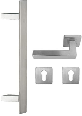 Edelstahl Haustür Beschlag- Flachgriff- Set auf quadratischen Rosetten 841Z Maß L: 1400/ Lochabstand B:1200mm