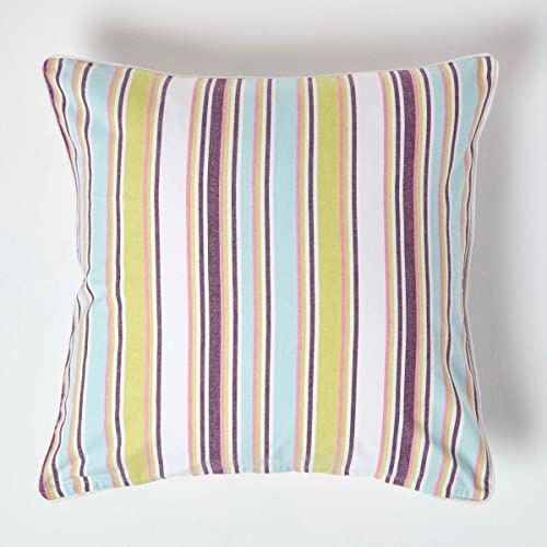 HOMESCAPES - 100% Cotton - Osaka Stripes Large Cushion Cover - 60 x 60 cm Square - 24 x 24 Inches - Green Blue White Purple - 100% Cotton Sofa Pillow Cushion Cover - Washable