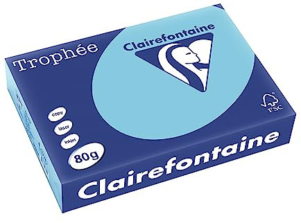 Clairefontaine 1774C - Karton mit 5 Ries Druckerpapier / Kopierpapier Trophee, intensive Farben, DIN A4, 80g, 500 Blatt x 5, Alize Blau, 1 Karton