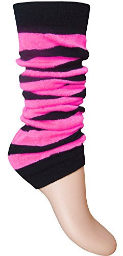TeddyT's Ladies & Girls Fluorescent Neon Striped Comfort Fit Ankle Leg Warmers (Black & Neon Pink)