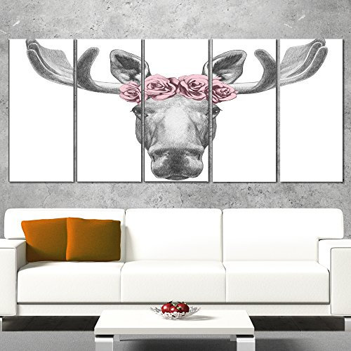 Design Art Elch mit Blumenkranz Elch Leinwand Kunstdruck Modern 60x28-5 Equal Panels