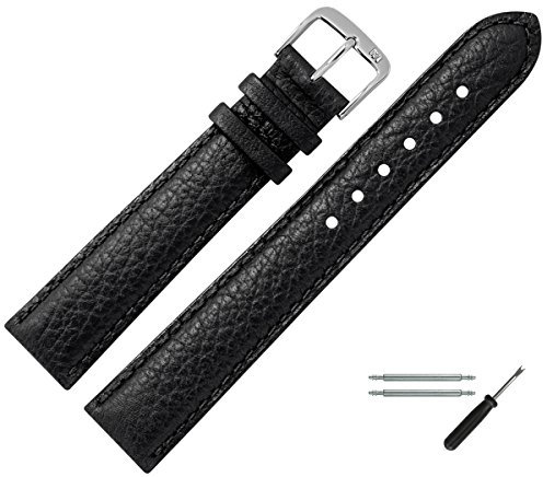 MARBURGER Uhrenarmband 18mm Leder Schwarz Silber Buffalo Prägung Mit Naht - Montage Set 7601810000120