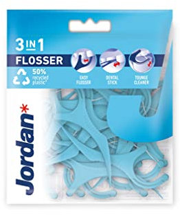 Jordan 7038516858108 Zahnseide mit Halterung und Zungenreiniger, Blau/Weiß, 36 Stück