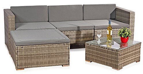 Melko Rattan Gartenmöbel Set Grau Couch mit Tisch, Hocker und Stuhl, aus Polyrattan, wetterfest und robust, Ecksofa Grau für Balkon, Garten oder Terrasse