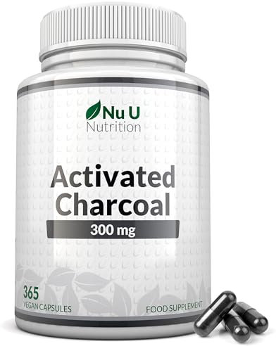 Activated Charcoal XL - 365 Vegan Capsules not Tablets from Natural Coconut - Digestion Supplement for Gut - Reduces Excessive Flatulence After Eating (EFSA) - Made in The UK - Nu U Nutrition