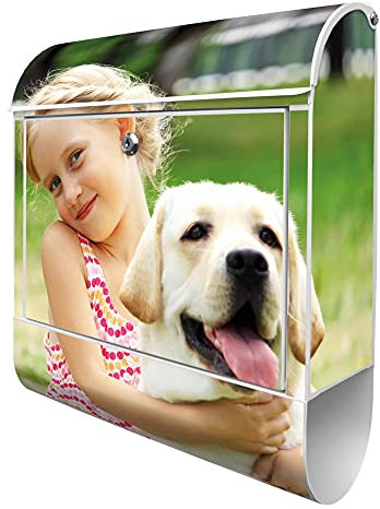 banjado® Design Briefkasten mit Wunschmotiv 38,5x46,5x13cm & 2 Schlüssel - Briefkasten Stahl weiß mit Zeitungsfach pulverbeschichtet - Postkasten A4 Einwurf inkl. Montagematerial