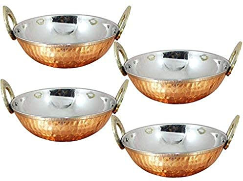 AVS STORES ® Set of 4, Pure Copper, Stainless Steel Bowls with Solid Brass Handle Serveware Accessories Karahi Pan for Indian Food,Diameter- 6.9 Inches, Silver