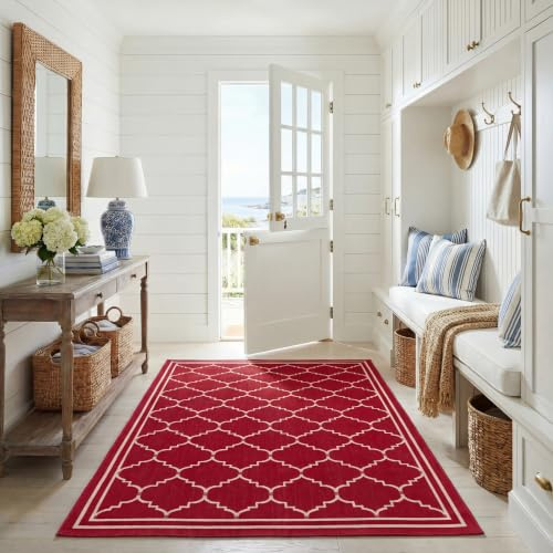 SAFAVIEH Washable Rug Outdoor Courtyard Collection - 5'3 x 7'7, Red & Beige, Non-Shedding & Easy Cleaning, Ideal for Patio, Backyard, Mudroom (CY6889-248)