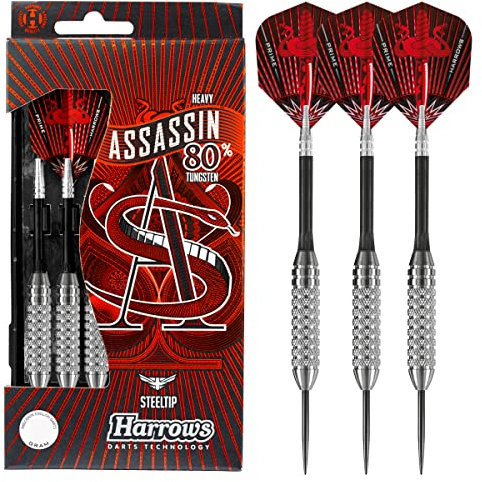 Harrows Assassin Tungsten Pro Darts | Steel Darts Set mit Tragekoffer | 18-40 g, alle Gewichte | Inklusive Alamo Shafts, 100-Micron Prime Flights und Reisekoffer (38g)