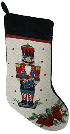 PHI Nutcracker Melody with Drum Christmas Stocking, Wool & Velvet Needlepoint,red, White, Cream, Black, Green, Blue, Multicolored,11 Inch X 18 Inch
