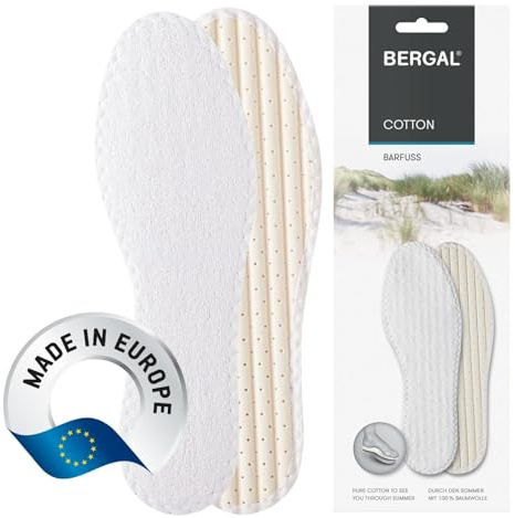 BERGAL COTTON, 1 Paar Barfuß-Sohlen, weich & dünn, 100% Baumwolle + Latexschaum-Polsterung, mit hoher Feuchtigkeitsaufnahme für frische Füße den ganzen Tag, hautfreundlich und waschbar, Gr. 39