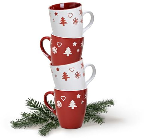Tassen 36er Set Xmas in rot und weiß - Keramik Kaffeebecher als Weihnachtstassen in 10 cm - Klassische Kaffeetassen für Weihnachten spülmaschinenfest und mikrowellengeeignet