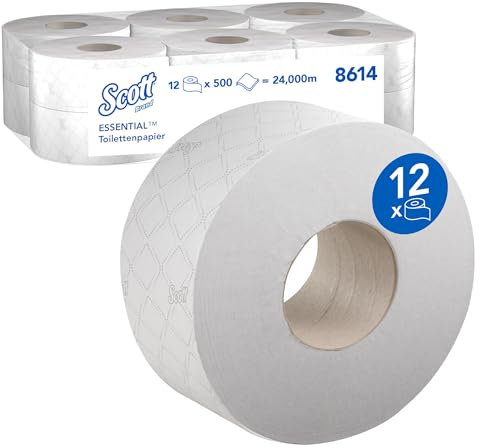 Scott Essential Jumbo Toilet Tissue 8614 2-Ply White Toilet Paper Rolls, Soft and Strong, High-Capacity Format for Commercial Use, 12 Rolls x 500 Sheets (2,400m Total)