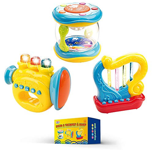 WEofferwhatYOUwant Baby Musical Instruments - Set Tromba Tamburo Arpa - Ognuno con Diverse Musiche Infanzia e Modalità Gioco - Portatile Viaggio - Funzione Spegnimento Automatico - Batterie Incluse