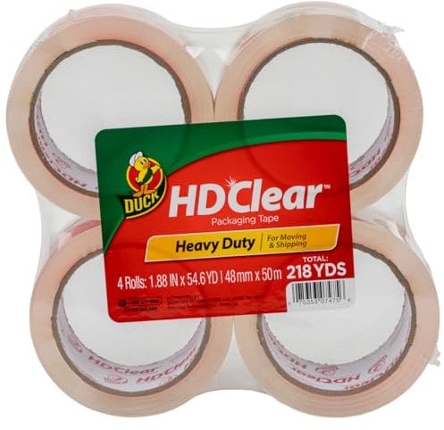 Duck HD Clear Packband Nachfüllpackungen, 4 Rollen robustes Versand- und Umzugsband, transparentes, starkes Verpackungsband für Kartons, Verpackungen und Umzugszubehör, 4 Rollen x 50 m (240378)