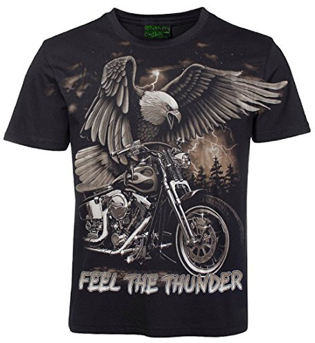 Herren Damen T-Shirt Motorrad Adler Feel The Thunder Allprint Biker Shirt Schwarz Größe L