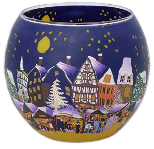 Hellmann Leuchtglas 173 Stadt mit Weihnachtsmarkt - Candle Holder - Glas - Multicolored, Purple - 11 cm Durchmesser, 9 cm Höhe - Feiertage, Weihnachten