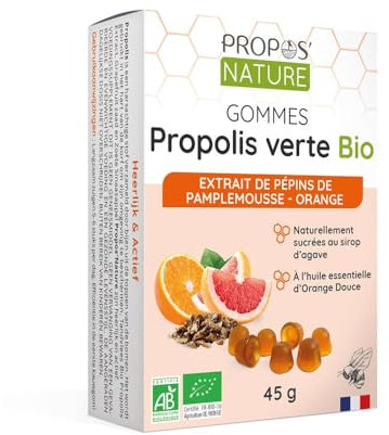 Gommes de Propolis Verte Bio - EPP & Orange - 45g - Maux de gorge - Certifié Agriculture biologique - Fabrication Française - Huile essentielle d'Orange Bio - PROPOS'NATURE