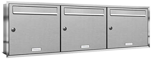 AL Briefkastensysteme, 3er Unterputzbriefkasten, Briefkasten rostfrei, 3 Fach Briefkastenanlage modern, Edelstahl Postkasten